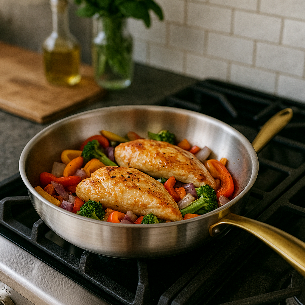 Poêle en inox avec manche fixe en métal doré