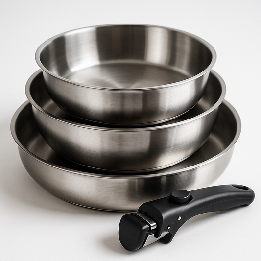 Poêles inox avec poignée amovible – Set 3 pièces