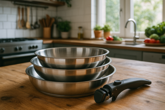 Poêles inox avec poignée amovible – Set 3 pièces