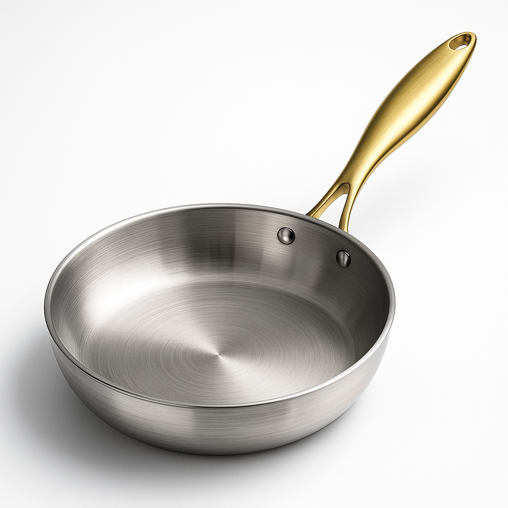 Poêle en inox avec manche fixe en métal doré