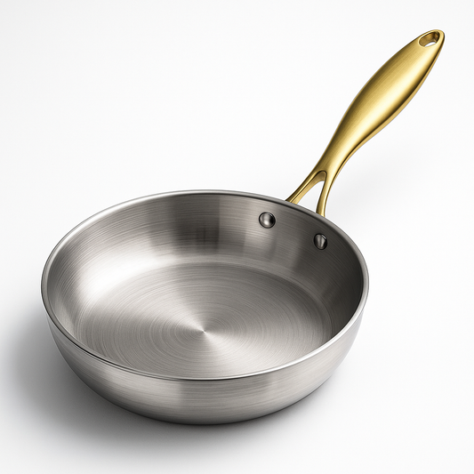 Poêle en inox avec manche fixe en métal doré