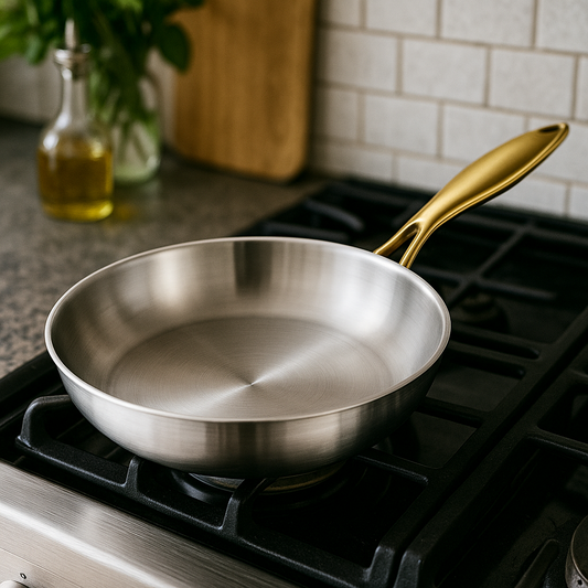 Poêle en inox avec manche fixe en métal doré