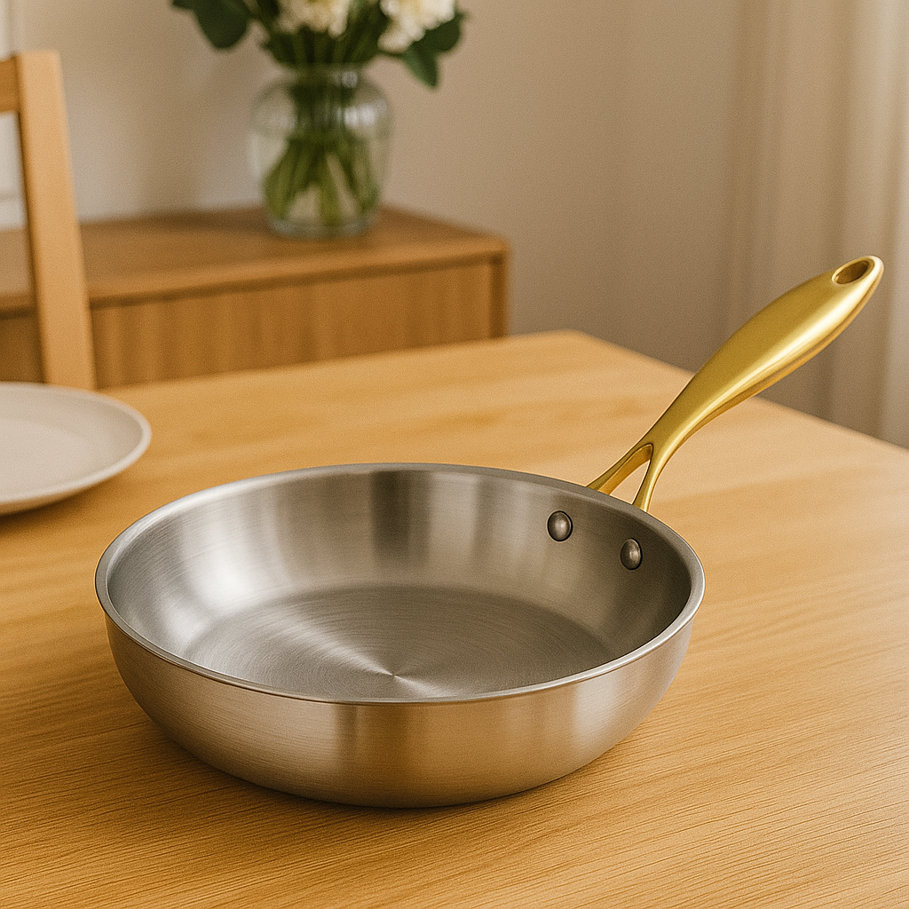 Poêle en inox avec manche fixe en métal doré